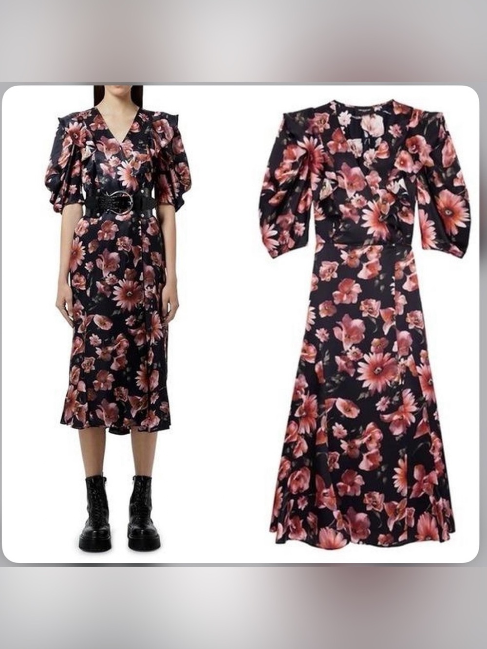 The Kooples Black Floral Ruffle Puff Sleeve Midi Dress Romantic wedding guest xs
